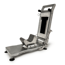 Compact commercial Roma tomato slicer with cradle design and integrated blade assembly for uniform tomato slicing.