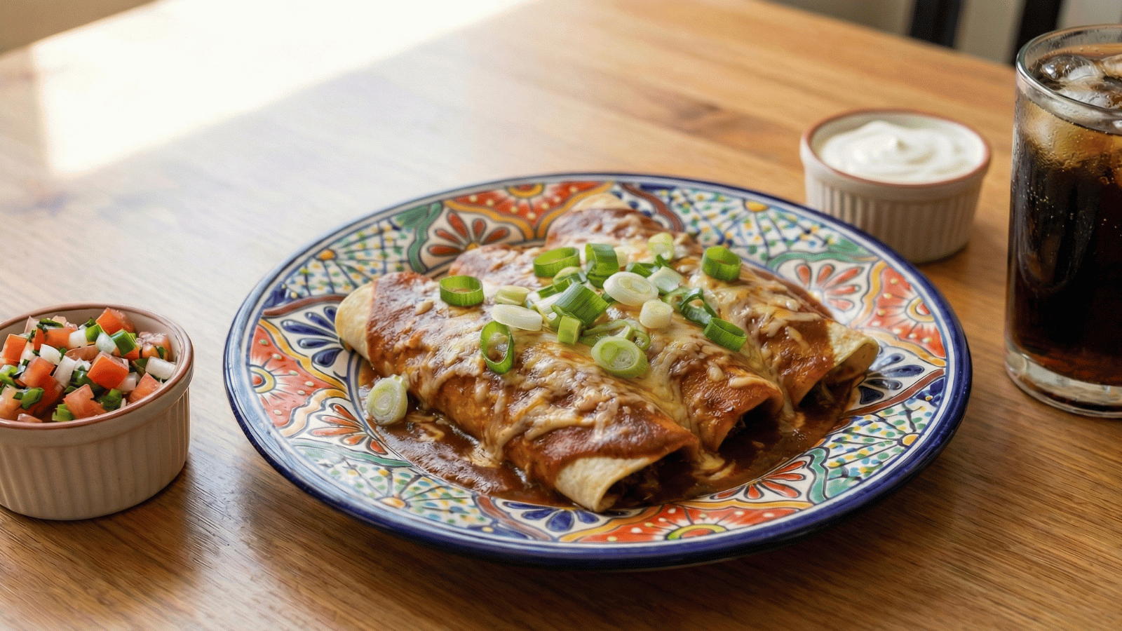 Three enchiladas covered in red sauce and melted cheese, garnished with sliced green onions, served on a colorful ceramic plate with pico de gallo, sour cream, and a glass of soda on a wooden table.