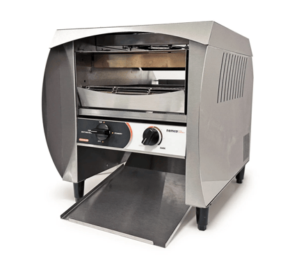 Nemco ToasterPro shown facing forward. There is an insert to put in bread products at the top and at the bottom is a slide where toasted products come out. In the middle are knob controls to determine temperature and toasting levels.