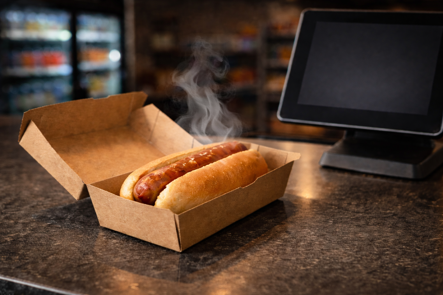 hot dog in cardboard to-go container