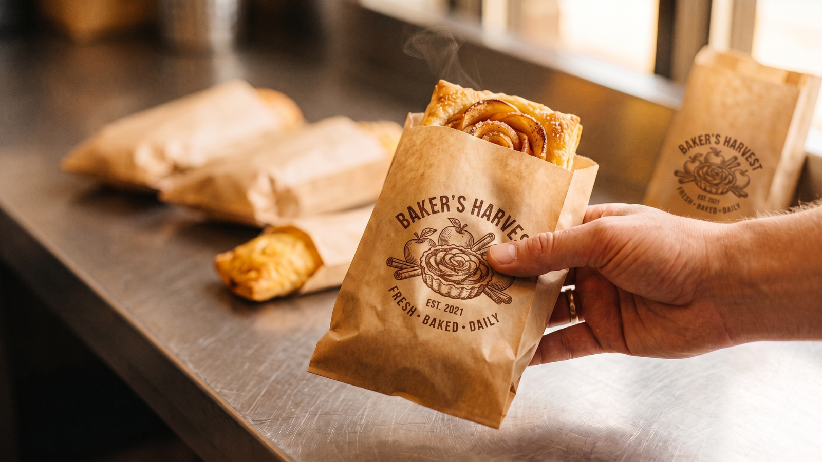Customer grabbing warm grab-and-go hot food from a convenience-store counter