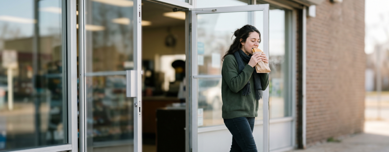 A person takes a bite of a hot grab-and-go food item while walking out of a convenience store on a bright morning.