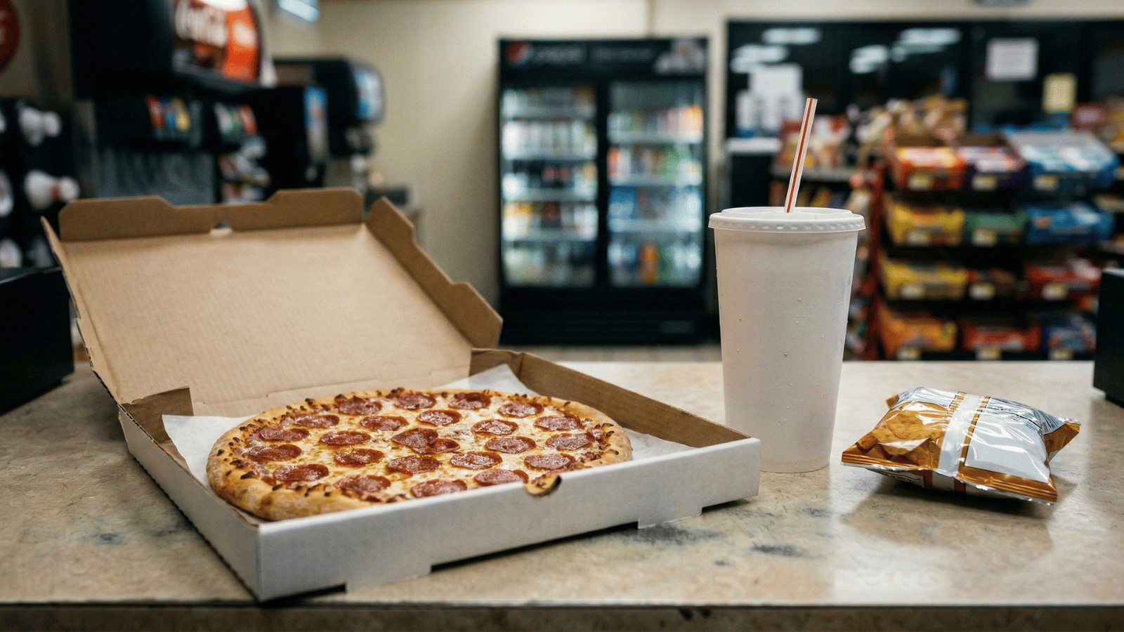 Pepperoni pizza in open box with fountain drink and chips on a convenience store counter, illustrating a typical c-store meal purchase and bundled food offering.