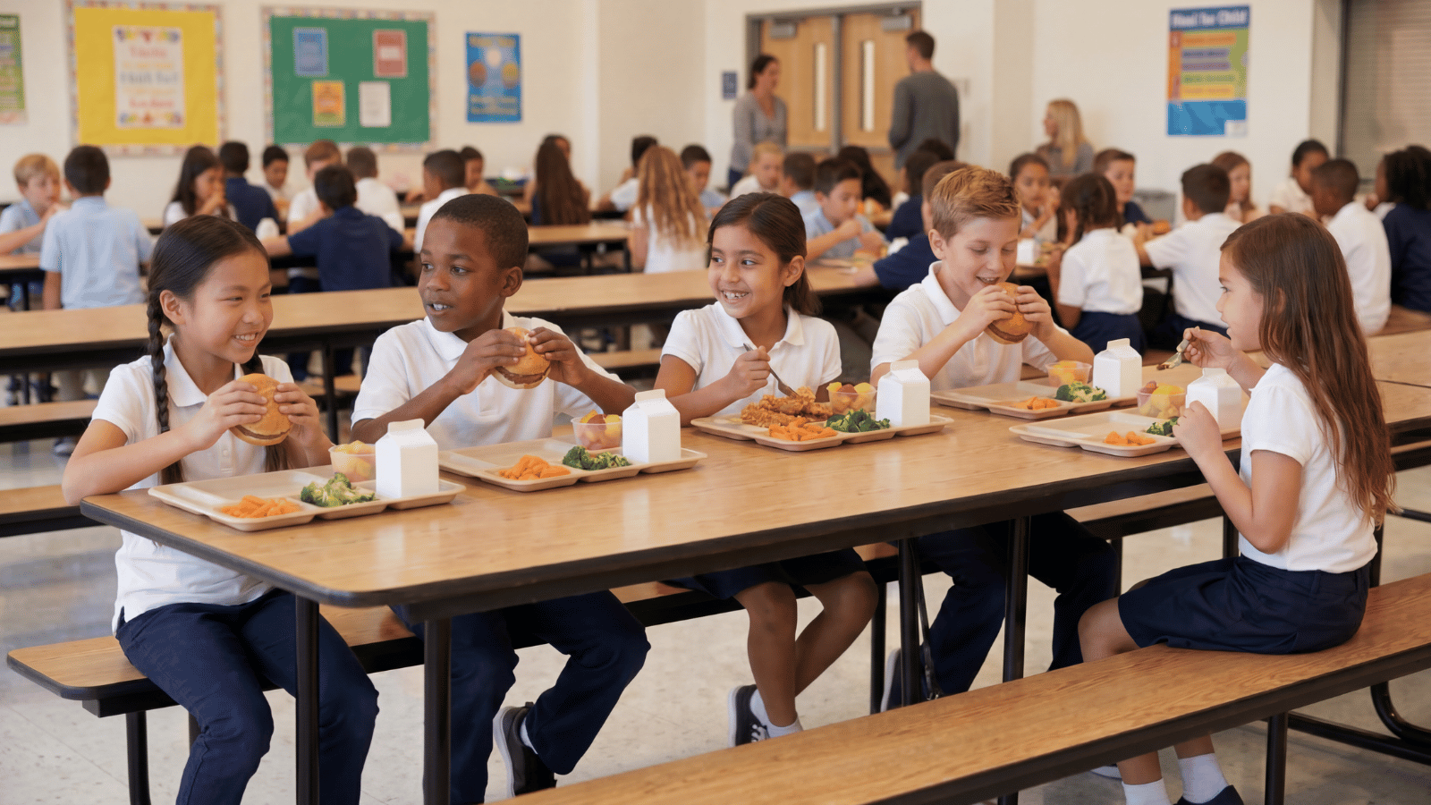 Elementary school students sit together at a cafeteria table eating lunch trays with sandwiches, vegetables, fruit, and milk during a busy school lunch period.