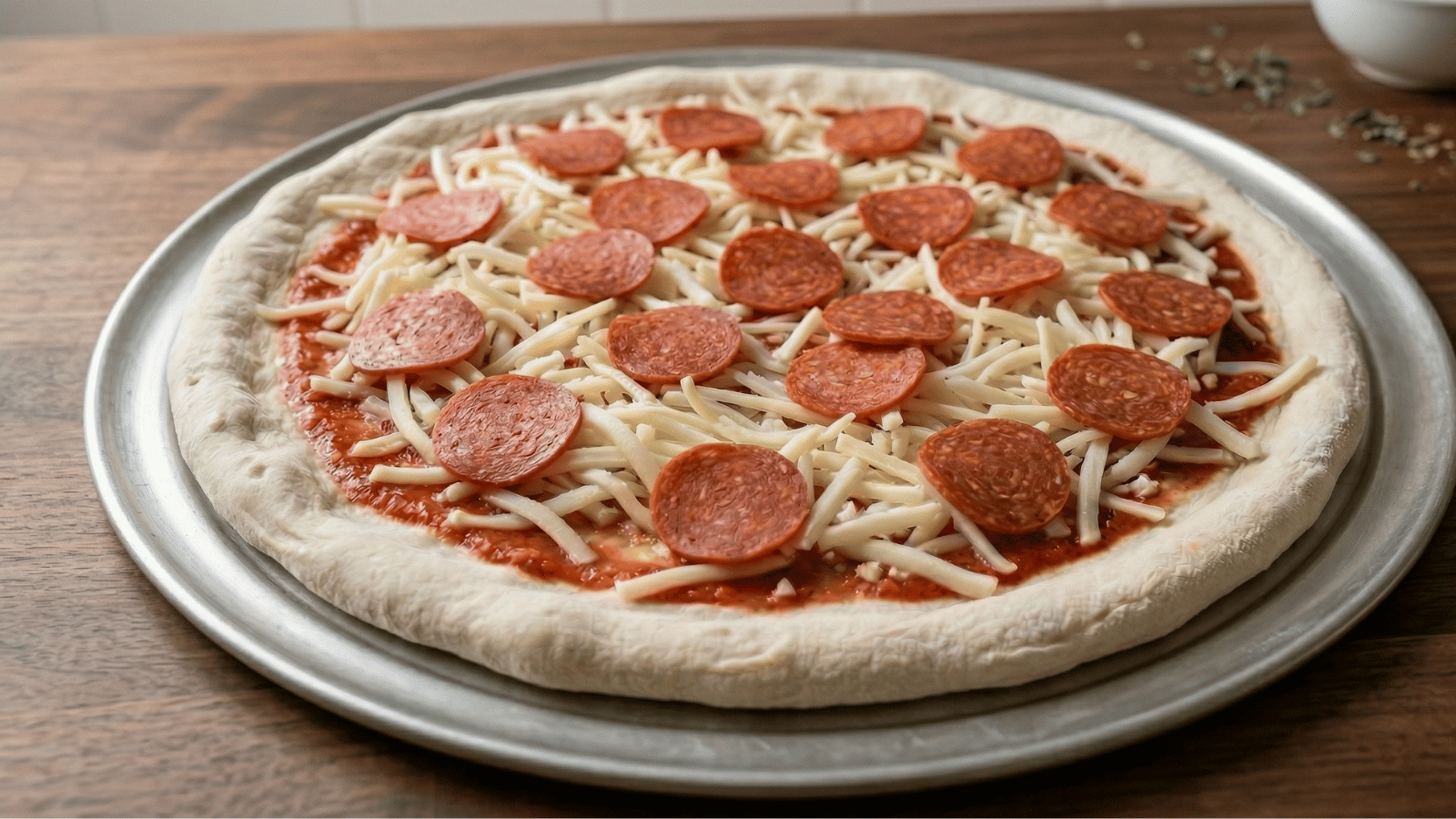 Uncooked pepperoni pizza with shredded cheese and sauce on dough, prepared on a metal pan, illustrating a simple, pre-portioned pizza prep process for foodservice operations.