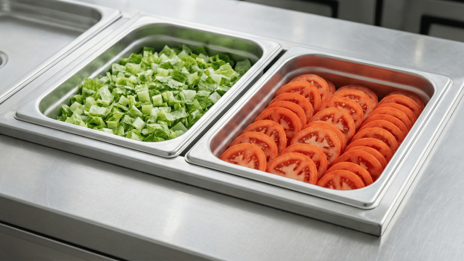 Stainless steel food prep counter with inset metal pans holding chopped romaine lettuce and neatly sliced tomatoes, arranged side by side in a commercial kitchen setting.