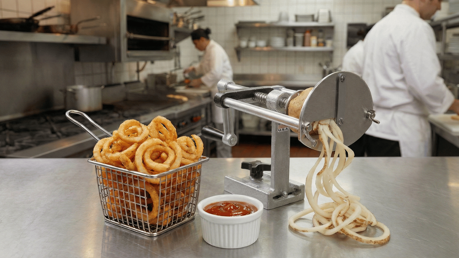 Commercial kitchen counter with a metal spiral slicer cutting a whole potato into long curly strands. Beside it sits a wire basket filled with cooked spiral fries and a small ramekin of ketchup. Chefs in white coats work in the background.