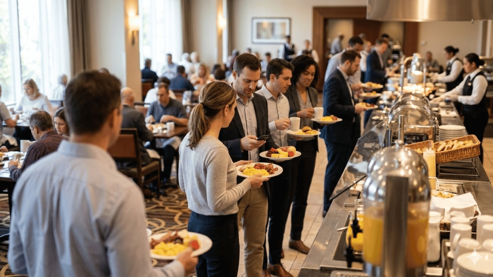 Guests lined up at a hotel breakfast buffet, holding plates and waiting at a self-serve food station with chafing dishes, pastries, and beverages as staff assist in the background.