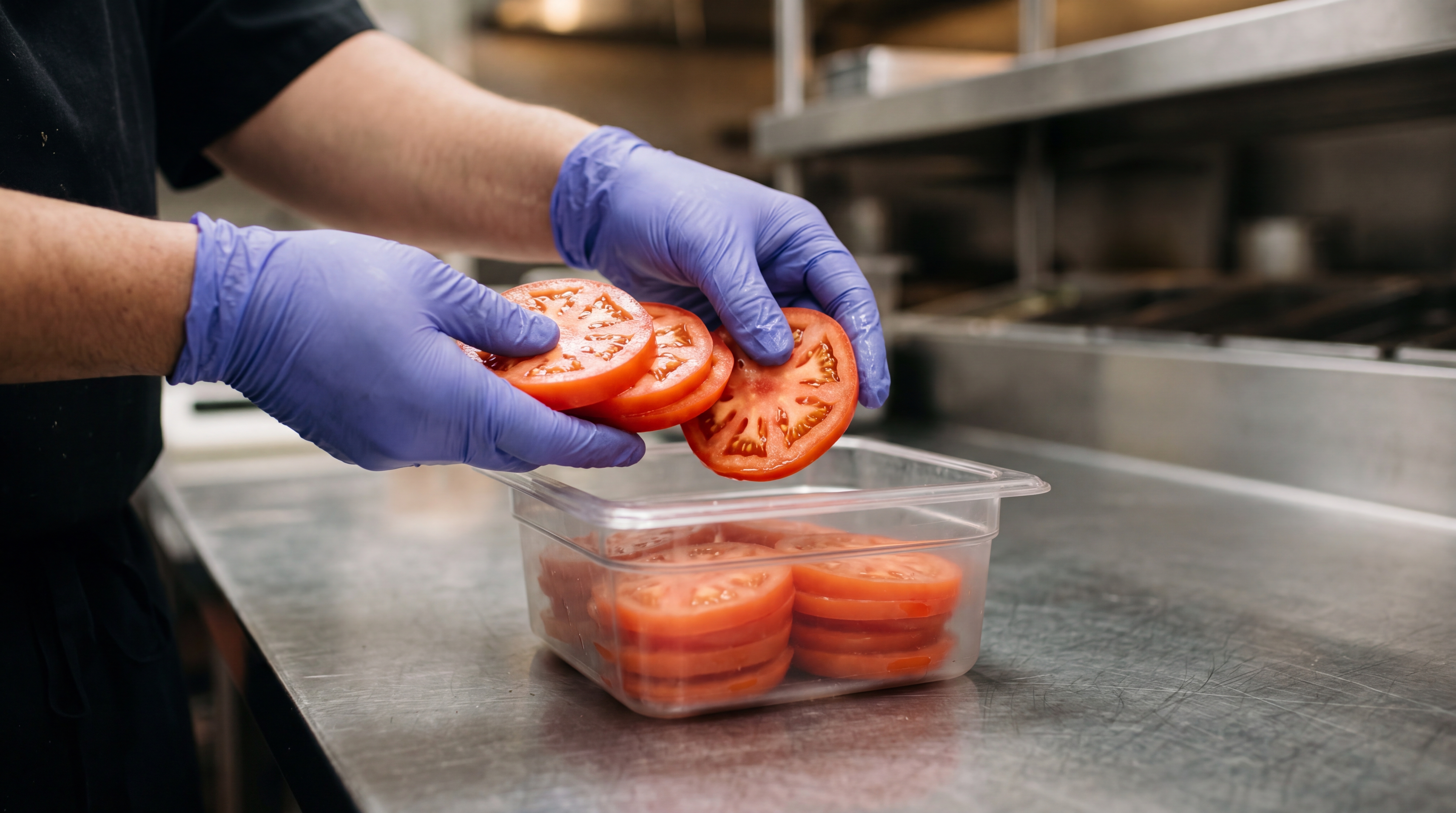 Operator placing freshly sliced tomatoes into a clear storage container on a stainless steel commercial prep table.   