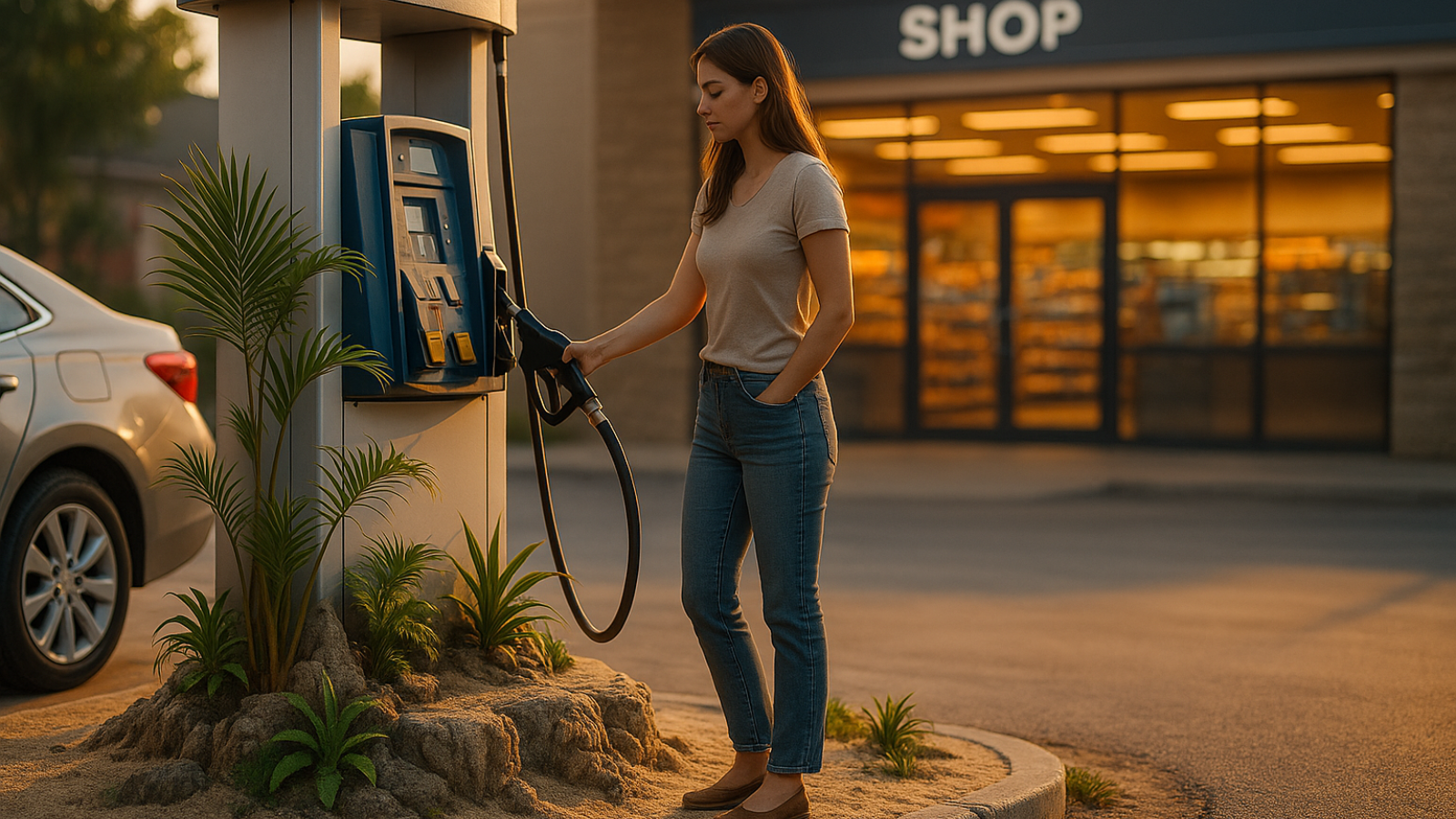 A woman with long brown hair stands in front of a convenience store at a gas pump. Her right hand is on the pump and left hand is in her front left pocket. 