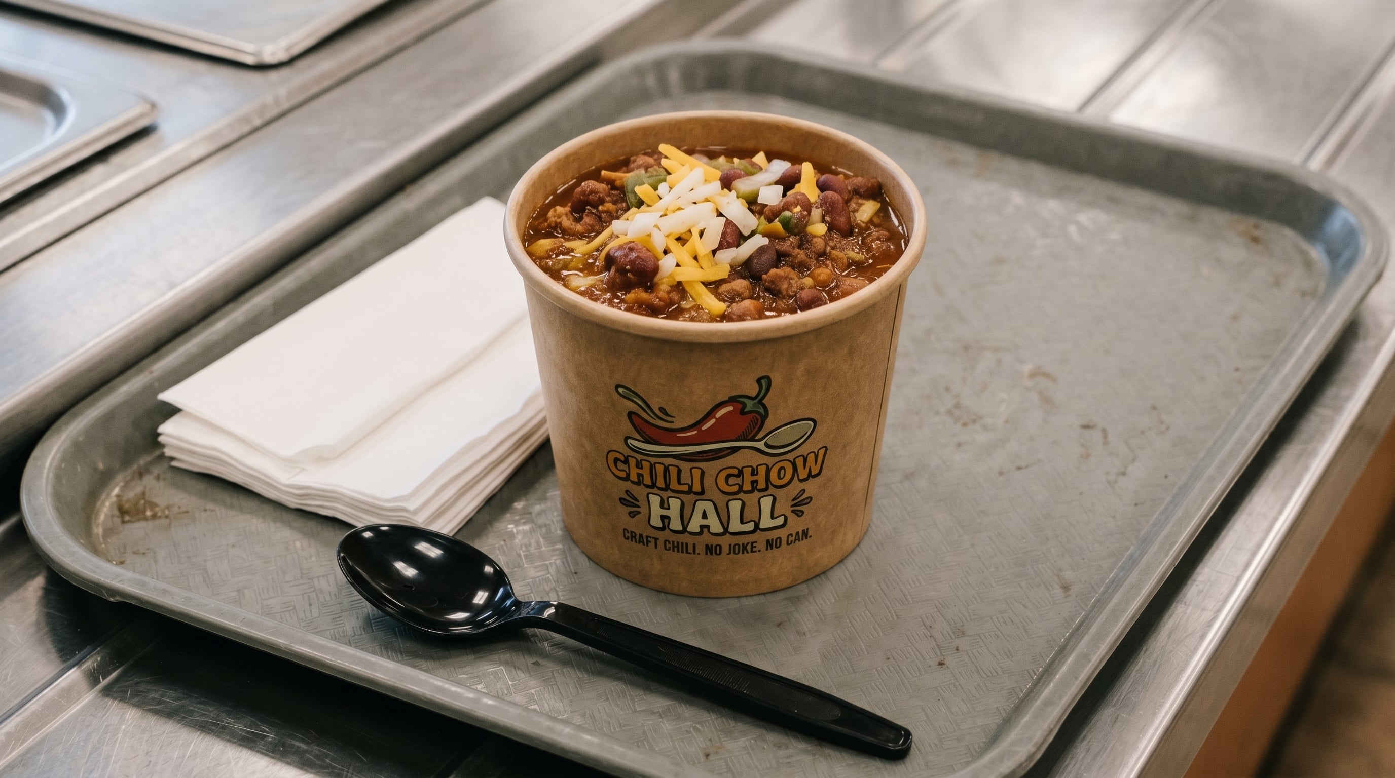 close up of a cardboard bowl of chili on a tray with the words Chili Chow Hall