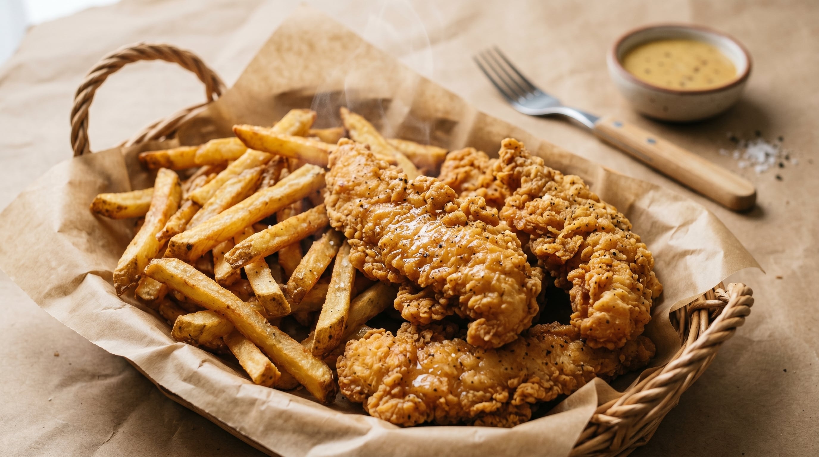  Close-up of golden, freshly fried French fries and chicken tenders, crisp and steaming, served in a plain paper-lined basket.